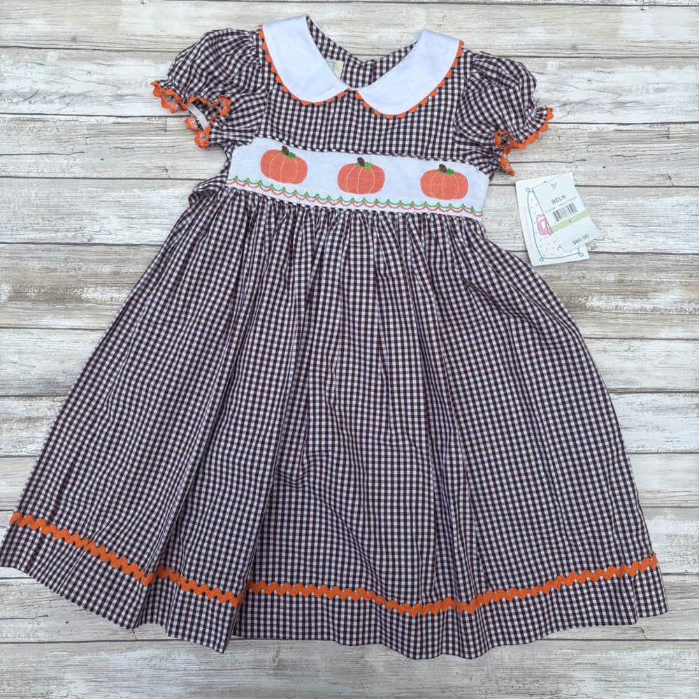 Marmellata Smocked Pumpkin Dress 4 Brown White Gingham Plaid NWT Fall Harvest